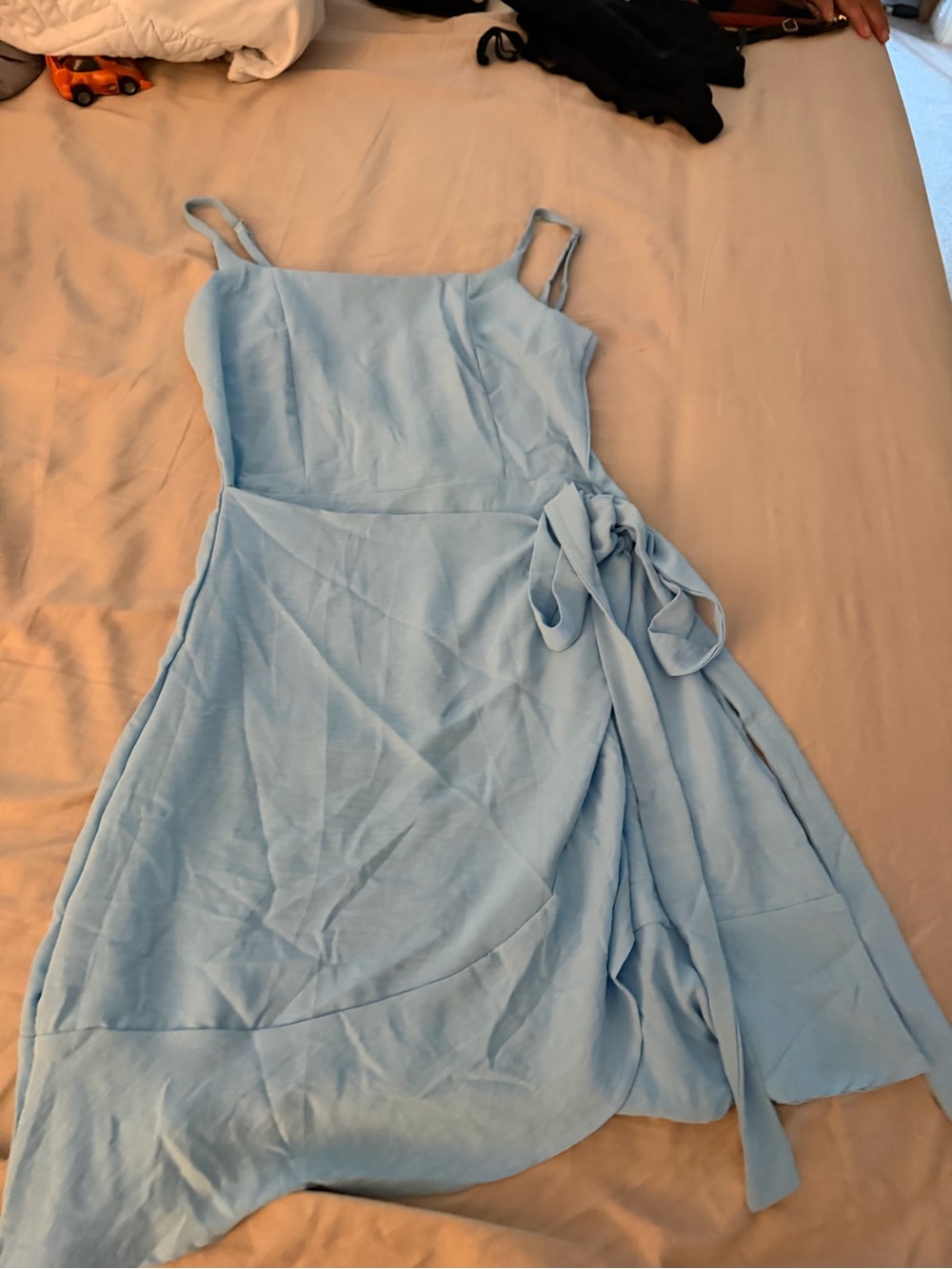 Light Blue Spaghetti-Strap Wrap Mini Dress with Tie Waist